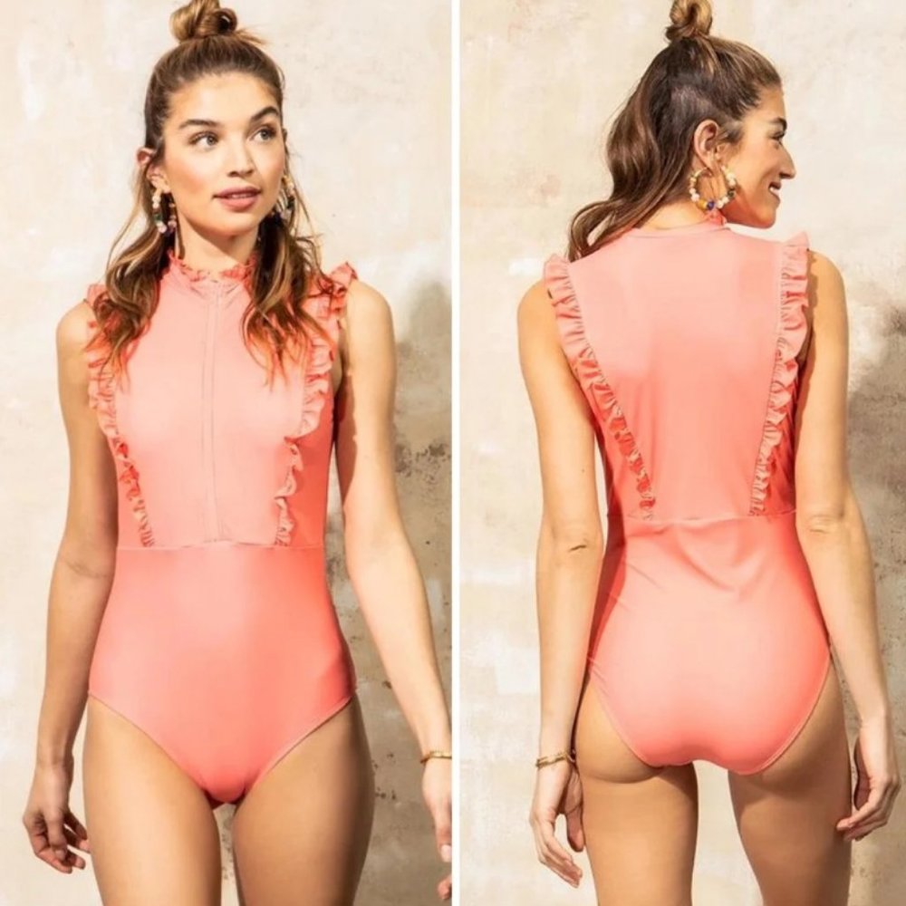 NWT Mott50 Bella High Neck Ruffle One Piece Swimsuit Small Spiked Melon